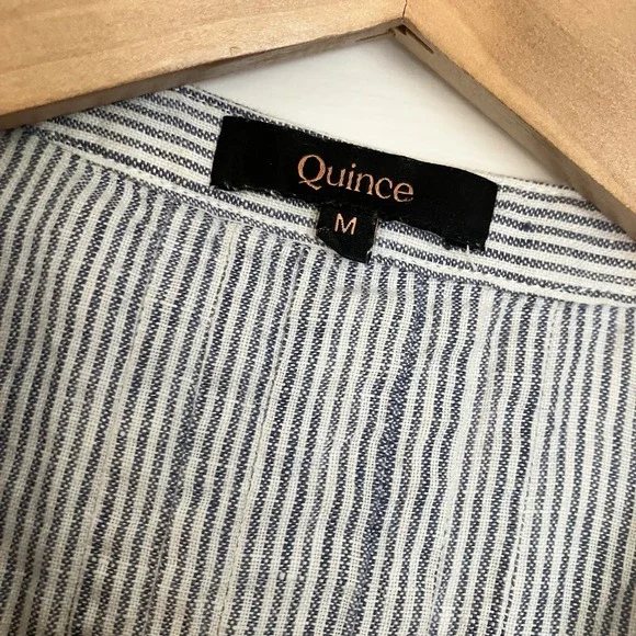 Quince Blue Pinstripe Swing Dress 100% European Linen With Pockets Button Medium - Picture 4 of 11